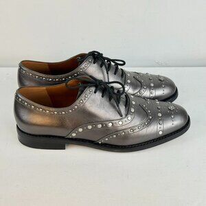 US 9B - Women's Coach Tegan Oxford Gunmetal Leather Tea Rose Studs Lace Up Shoes
